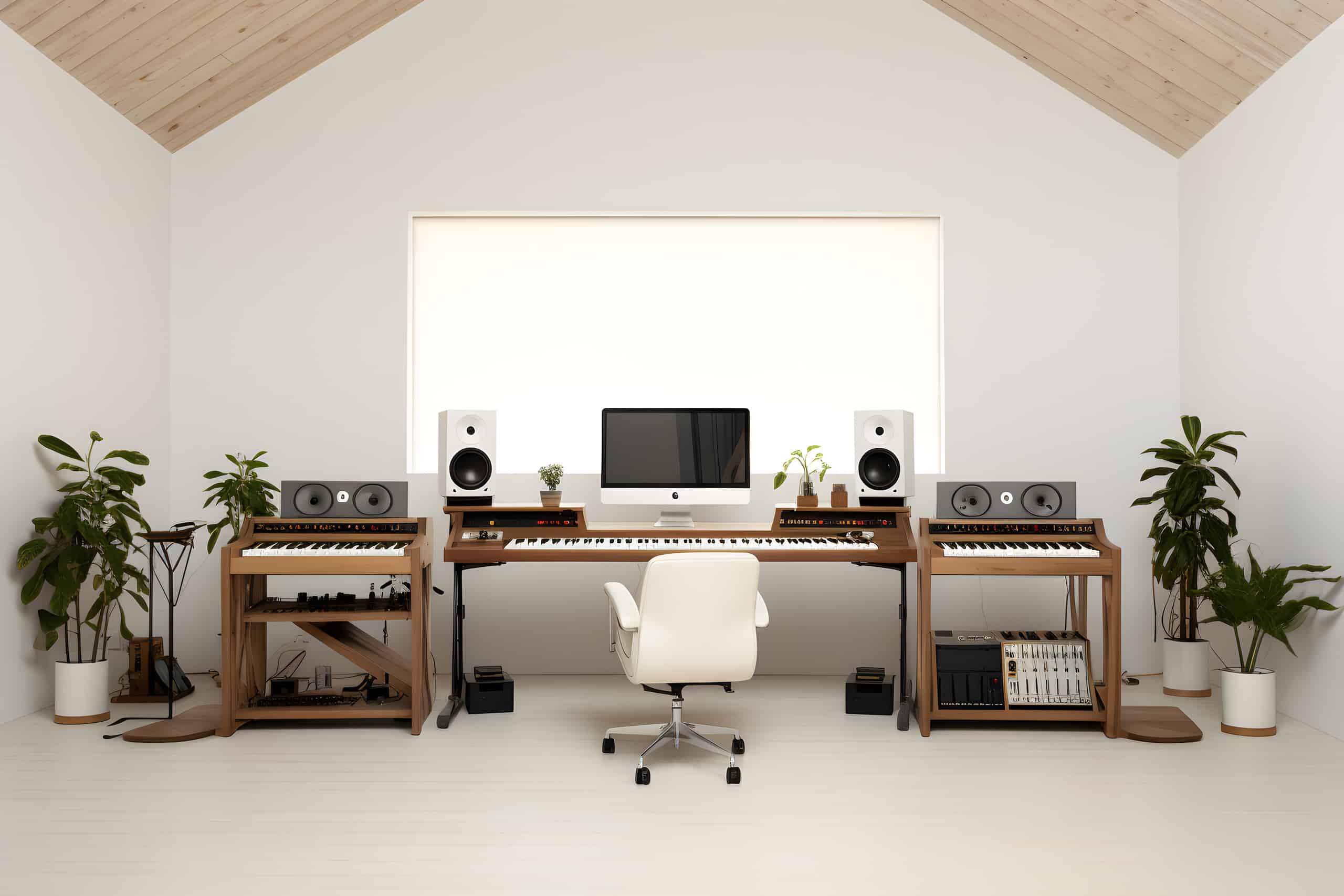 Heller freundlicher Raum unter dem Dach, der als Musikzimmer dient.